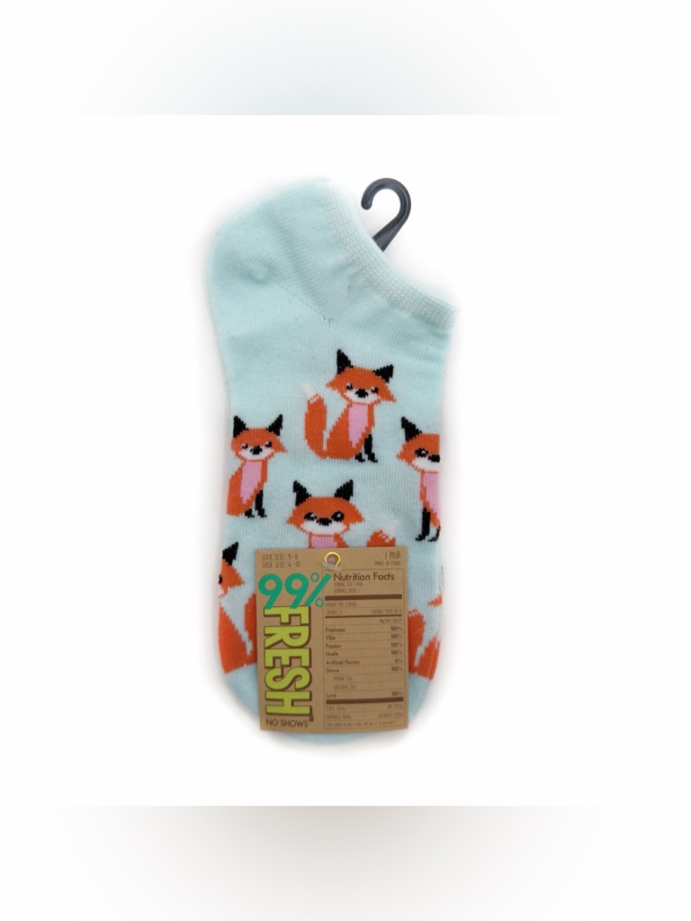 NWT New 99% Fresh Fox Womens No Show Socks Cute Animal Gift Light Blue Orange